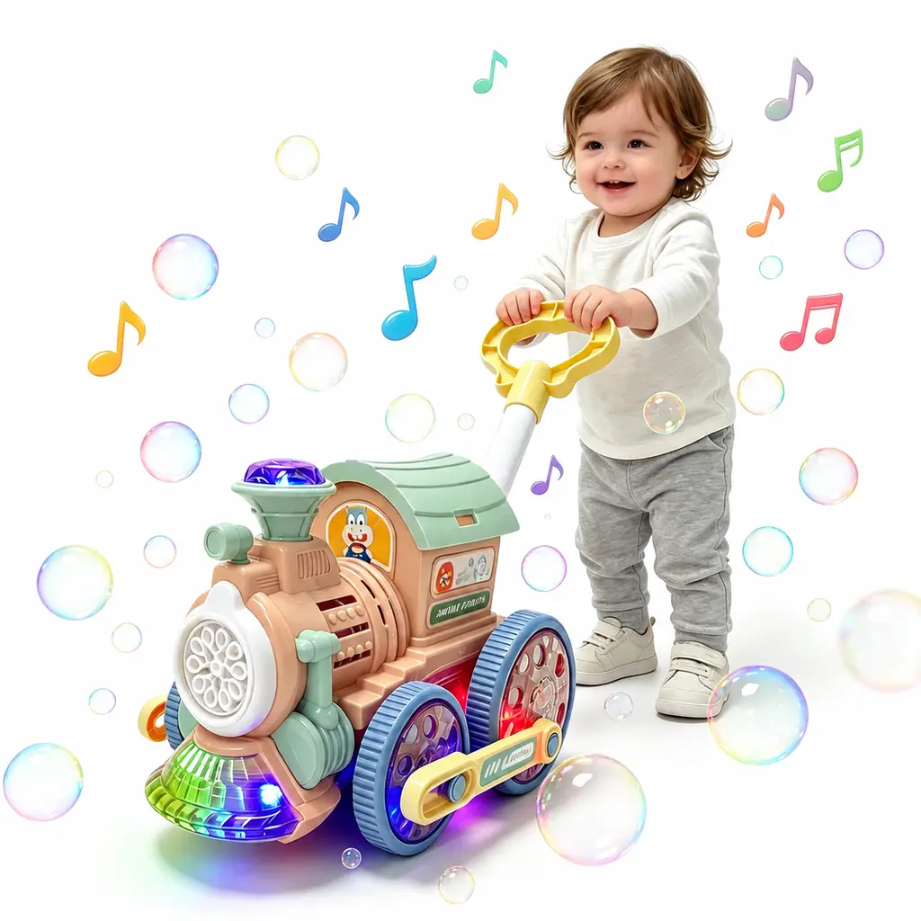 Fun 8-Hole Bubble Machine Train Toy for 3 Years and Up, Automatic Foaming, Portable, 1-Button Operation, Music, Sync LED Lights, ABS Material, Unisex Indoor-Outdoor Summer Toy, Birthday Gift (Batteries Not Included)