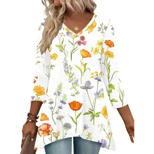 Length Sleeve Womens Tops V Neck Loose Fit Dressy Casual Blouse Flowy Shirts Plus Size Womens Clothing