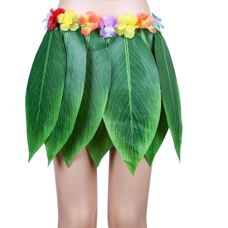 Leaf Hula Skirt and Hawaiian Leis Set Grass Skirt with Artificial Hibiscus Flowers for Hula Costume and Beach Party Womenswear Clothes