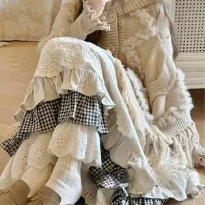 Vintage Sweet Y2k Mid-length Patchwork Skirt for Women Winter All-match A-line Faldas Mujer Moda Kawaii Skirt