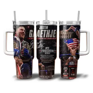 Justin Gaethje UFC Lightweight Champion Tumbler 40oz - Freedom 250 Win Graphic Stainless Steel Mug Retro MMA Merch for Gaethje Fans