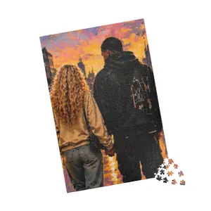 Urban Love Puzzle – Interracial Couple Artwork, Expressive Brushstroke, Real-Life Moment, Modern Relationships, Authentic Connection, Unique Piece