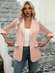 A women's casual and fashionable pink half sleeved transparent sleeve suit jacket, with a light and elegant style and a touch of softness, suitable for daily leisure outings, light commuting and other scenes