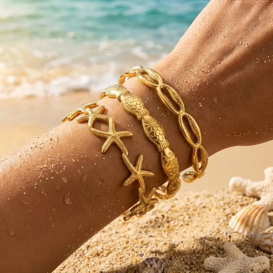 Stainless Steel S Starfish Bangles for Women Gold Color Metal Fish Cuff Bangle Bracelet Female Beach Party Aesthetic Jewelry