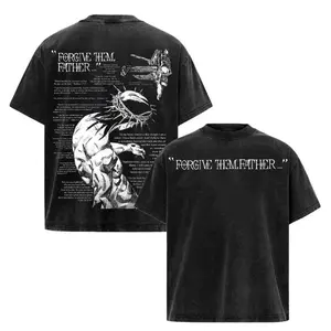 Vintage Acid Snow Washed Heavyweight Cotton Graphic T-Shirt, JJBA Jesus Anime Faith Print Tee, Gothic Y2K Hip Hop Oversized Loose Fit Streetwear, Casual Gym Workout Daily Outdoor Aesthetic Fashion Top for Men Women Anime Faith Fans