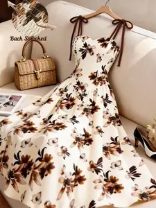 Women's Floral Print A-Line Skirt, Tie-Bow Butterfly Thin Straps, Spaghetti Strap, Elegant for Vacation and Daily Wear, Stylish and Comfortable, Dress