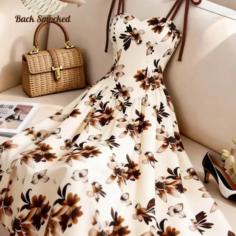 Women's Floral Print A-Line Skirt, Tie-Bow Thin Straps, Elegant for Vacation and Daily Wear, Stylish and Comfortable Dress, Casual Boho Chic