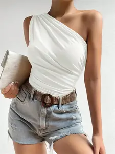 Women One Shoulder Pleated Tank Top Summer Solid Sleeveless Ruched