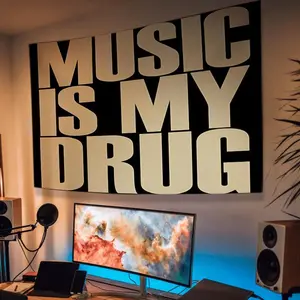 Music is My Drug' Tapestry - Bold Black and Golden Wall Art, Machine Washable - Ideal for Bedroom, Living Room, Dorm Decor, Perfect Gift, Decorative Peach