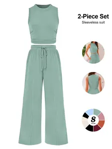 Women's Summer 2-Piece, Ribbed Knit Crew Neck Sleeveless Top, Wide Leg Pants, Comfortable Lounge Set, Outdoor Fun Style