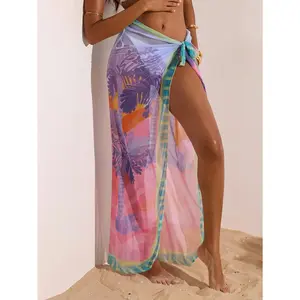 Women's Sexy Tropical Palm Print High-Waist Tie Beach Wrap Maxi Skirt - Pink-Purple Gradient Sheer Polyester, Side Slit, for Pool Vacations, Beach Days