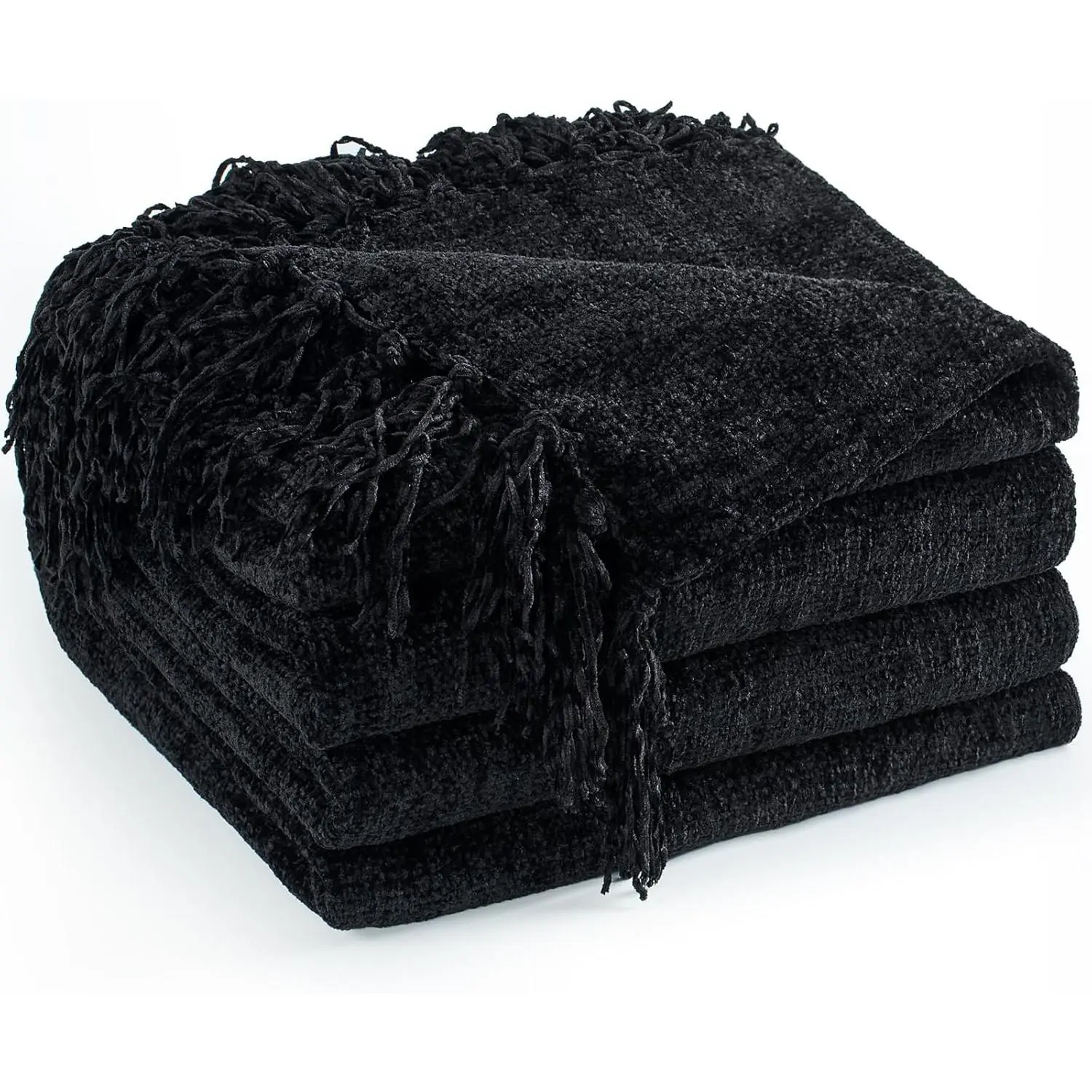 Chenille Throw for Couch 50"X 60", Throws with Fringe Tassel for Sofa Chair, Lightweight Knitted Decorative Farmhouse Boho Blankets for Gift, Black