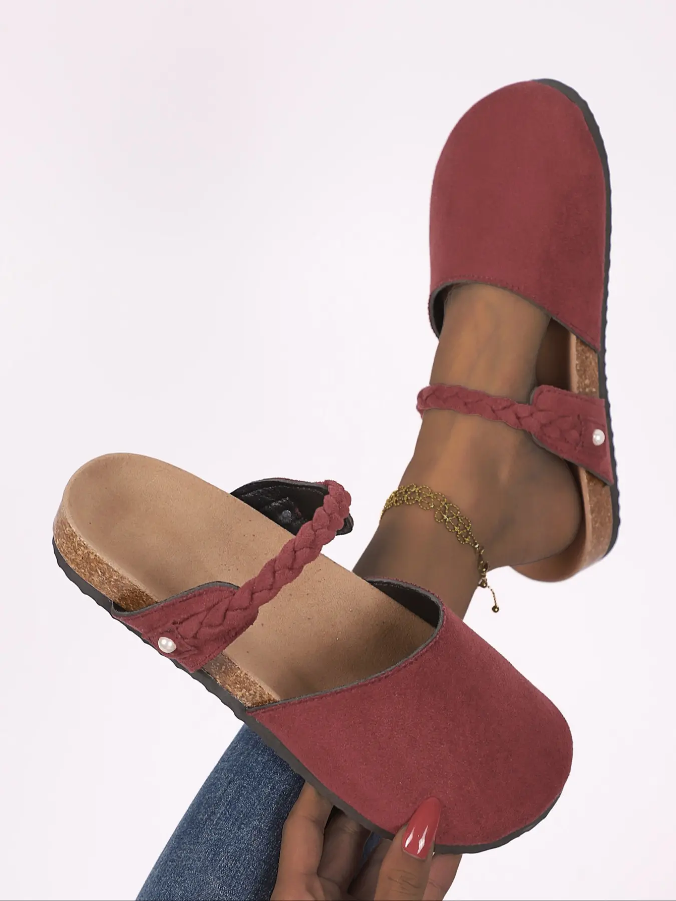 Vintage Suede Mules Shoes, One-Strap Soft Sole Outdoor Lazy Slippers, Casual Random Print Textile Footwear, Less Than Ankle Height, Women, Classic