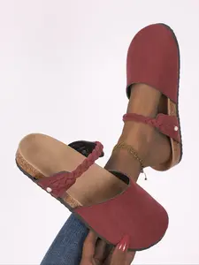 Vintage Suede Mules Shoes, One-Strap Soft Sole Outdoor Lazy Slippers, Casual Random Print Textile Footwear, Less Than Ankle Height, Women, Classic