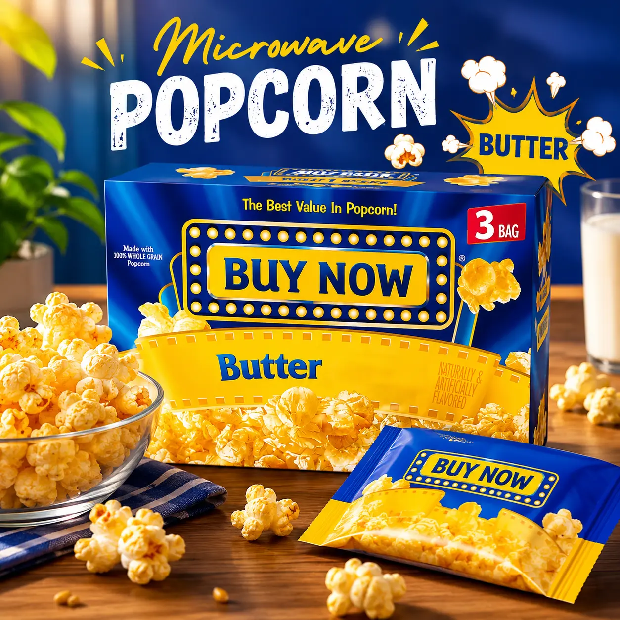 Butter Flavored Popcorn for Microwave – Ready-to-Make Snack Bags, 3 Count, Crispy & Light Snack Option