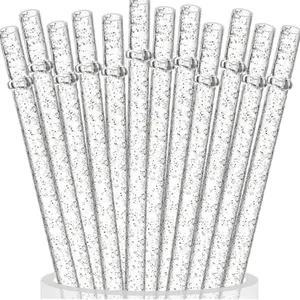 12 pcs Reusable Clear Plastic Glitter Straws with Cleaning Brush - Eco-Friendly Kitchen Utensils Set for Parties & Everyday Use