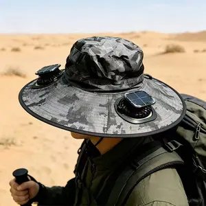 Camo Solar Fan Hat, Wide Brim UPF 50+ Cooling Sun Hat with 2 Detachable Fans for Fishing, Hiking, Camping, Outdoor Work, Rechargeable 3-Speed Fan Hat for Men & Women