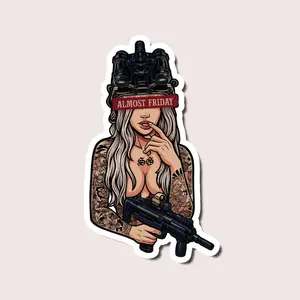 Almost Friday Tactical Girl Sticker, Sexy Armed Woman with Gun & Tattoos Vinyl Decal for Helmet, Laptop, Gun Case, Dark Humor Fans
