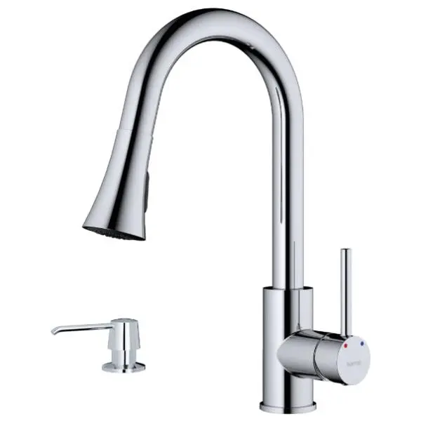 Weybridge Polished Chrome Kitchen Faucet – 14-13/16" High Arc, Pull-Down Spray, 360° Swivel, Single Handle, Soap Dispenser Included, 1.8 GPM, Lead-Free Brass
