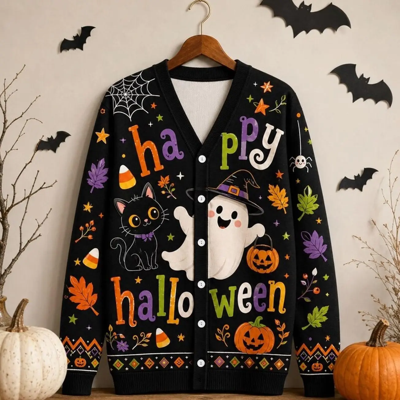 Black Happy Halloween V Neck Cardigan Jacket, Ghost Cat Pumpkin Candy Corn Fall Sweater
