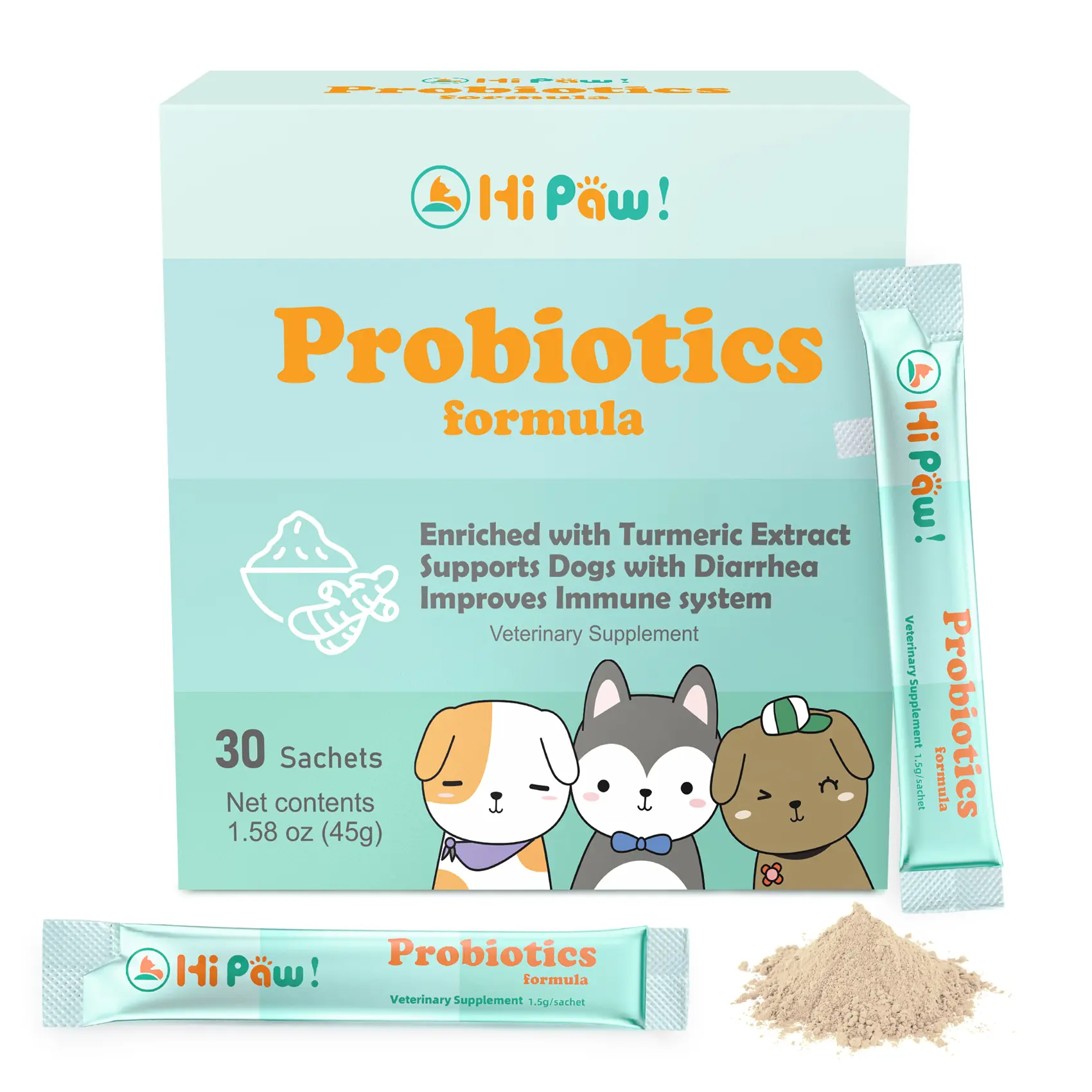 Hi PAW! Dog Probiotics Powder with Turmeric 95% – 30 Single-Serve Sachets, 0.1B CFU Enterococcus faecium per sachet, Mix With Food; Supports Digestive Health, Healthy Stool, Gut Microbiome Balance; Made in USA, cGMP Facility US