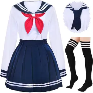 Japanese School Girls Uniform JK Sailor Navy Blue Pleated Skirt Anime Cosplay Costumes with Socks Set for Women Carnival Party