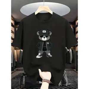 Boys' Breathable Short Sleeve T-Shirt with Smiling Bear & Back Print - Oversized Casual Summer Tee with Smiling Bear & Back Design, Greek Letter 'ΣΕ' Logo-Like Print (Machine Washable) - Casual Attire for & Play (