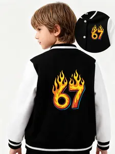 Flame Number 67 Printed Boys' And Girls' Spring/Autumn New Style Cool Baseball Jacket Top. Fashionable, Casual, Comfortable, Suitable For Daily Outdoor Use, Ideal Gift Choice.