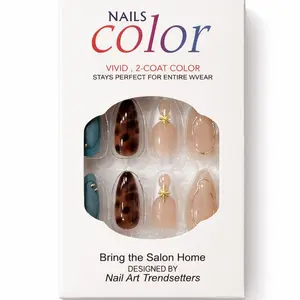 FREE GLUE INCLUDED!24 x Press-on Nails,Chic Almond Press On Nails | Leopard/Tortoiseshell French Tip with 3D Gold Metal Lines | Reusable Fake Nails Set | Perfect for Party & Daily Wear