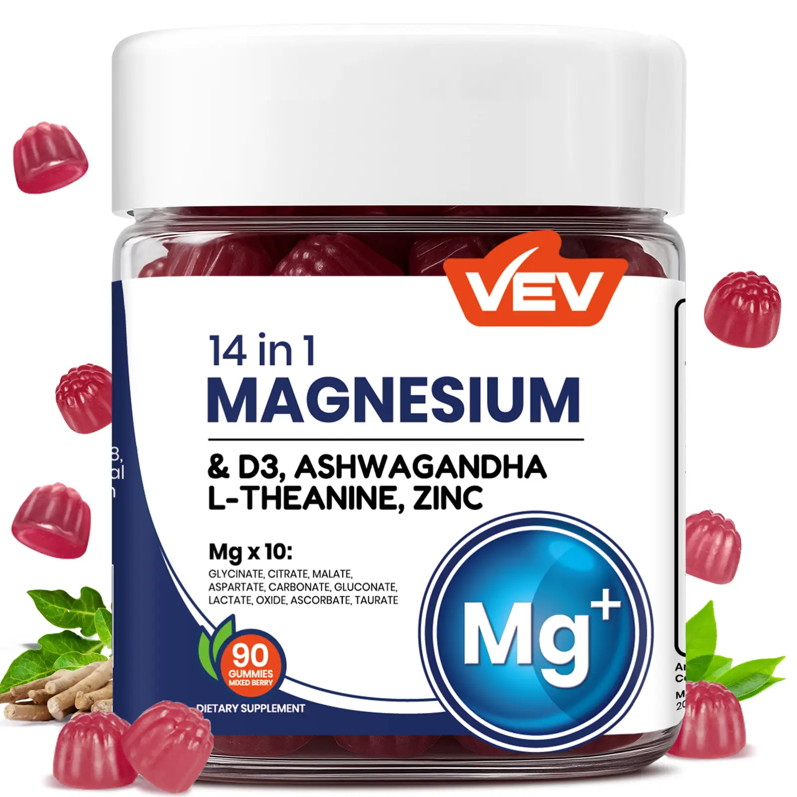 VEV 14-in-1 Magnesium Gummies – with L-Theanine, Ashwagandha, Vitamin D3 & Zinc, 90 Count