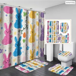 1/3/4PCS EASTER BUNNIES AND EGGS PATTERNED FABRIC Shower Curtain Set with Rugs, Non Slip Bath Mat, U-Shape Carpet, Toilet Lid Cover, Polyester Fabric Bathtub Curtain Accessories, 12 Hooks, Home Bathroom Festival