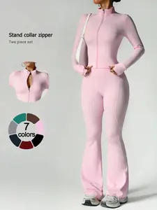 Women's two-piece casual high-waisted fitness yoga set includes a long-sleeve zip-up jacket and flared wide-leg pants, suitable for going out, vacations and airport travel. It can be used as a yoga or sports set and is ideal for daily casual wear.