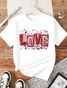 Love Heart Pattern Graphic Print T Shirt For Women Casual Short Sleeve Top Gift Wear