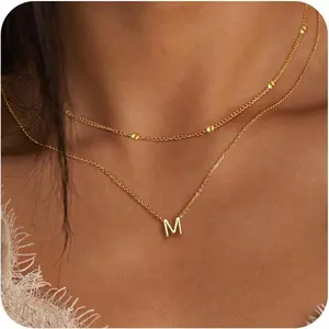 Initial Necklaces for Women 14K Gold Silver Plated Letter Jewelry Non Tarnish Layered Dainty Cute A-Z Pendant Choker Necklace Waterproof Trendy Name Necklace Personalized Jewelry Gift for Women