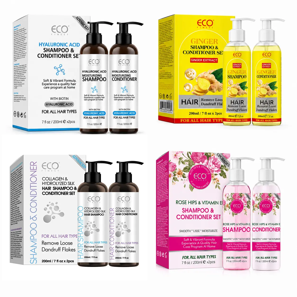 ECO FINEST Haircare Shampoo & Conditioner Set, 2 x 7 fl oz/200ml (Total 400ml), Choose Hyaluronic Acid, Ginger, Vitamin C or Rose Hips-Vitamin E, Daily Moisturizing for Shiny Hair & All Hair Types