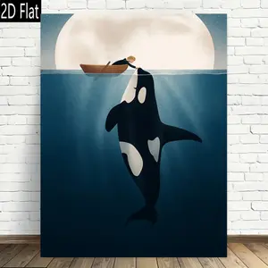 2D Flat, 2D Flat 1 Piece Orca Ocean Moonlight Scene Decorative Wall Art Print, Wooden Frame Canvas Wall Painting, Modern Design, High-Quality Printed Poster, Elegant Home Office Decoration, Home Decoration, Halloween Christmas, 2D Flat