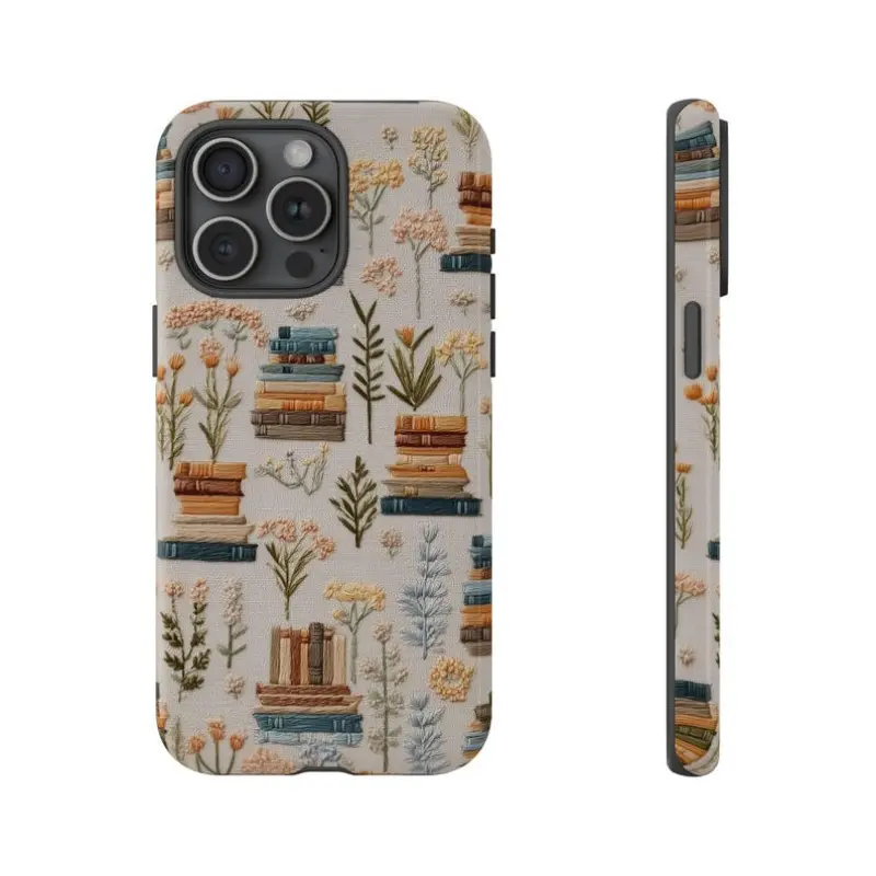 3D Embroidery Bookish Flower Protective Polycarbonate Smartphone Casing - Durable, Shockproof, Camera-Safe for iPhone 11/12/13/14/15/16/17 Pro, ProMax, Plus, Air - Cottagecore Lover Accessory