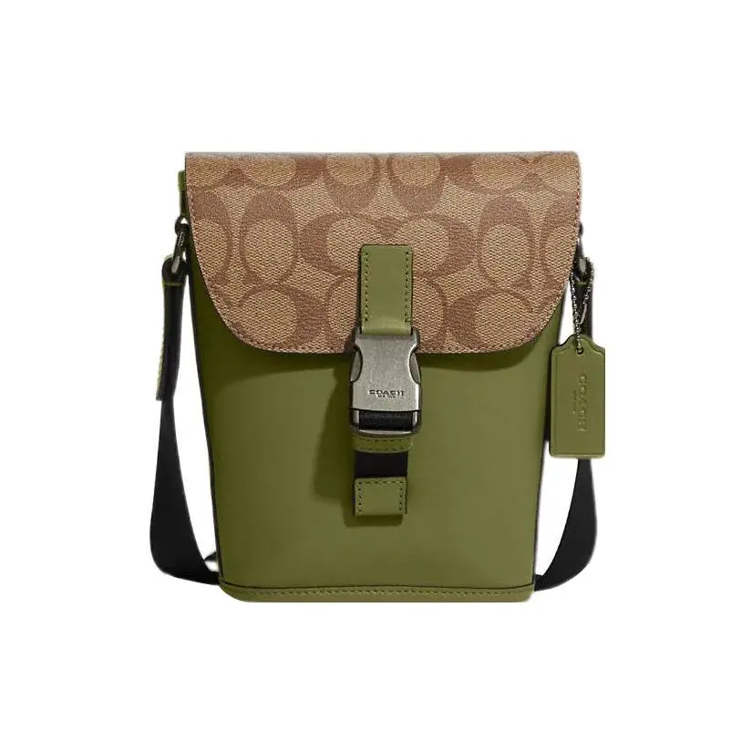 COACH Track 16 Classic Monogram Flap Crossbody Bag for Men, Khaki and Forest Green