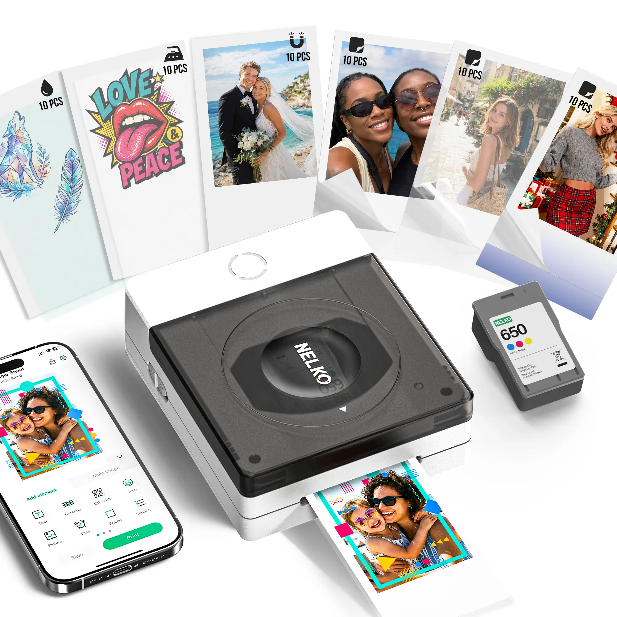 Nelko Flow 2x3 Portable Inkjet Photo Printer PP02 | Instant Color Photo Printer, Christmas Gift for Kids Teens Men Women, Xmas Stocking Stuffer, Bluetooth Mini Printer for iOS Android, App Edit, Sticker, Magnetic & Heat Transfer Paper