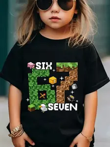 Kids' Black Minecraft Six Seven Cool Graphic Tee | Cool MC Pixel 67 Print, Trendy & Versatile Girls' Game-Style Staple!#Kids Summer Tees #67 Themed Kids Wear #Versatile Kids Tops