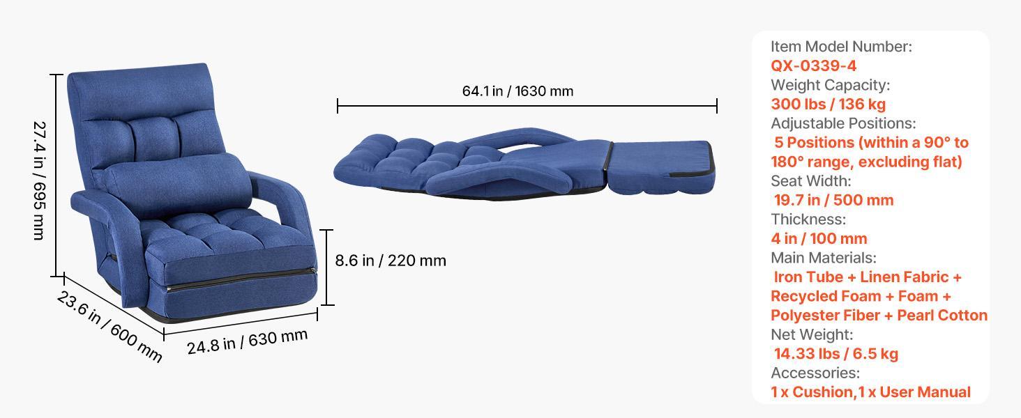 【FathersDayGift】VEVOR Floor Chair, 5 Adjustable Positions Folding Floor Gaming Chair with Back Support, Armrests, and Cushion, Sturdy Metal Frame with Recycled Foam and Linen Fabric, for Reading, Relaxing, Dark Blue 【FathersDayGift】VEVOR Floor Chair, 5 Adjustable Positions Folding Floor Gaming Chair with Back Support, Armrests, and Cushion, Sturdy Metal Frame with Recycled Foam and Linen Fabric, for Reading, Relaxing, Dark Blue