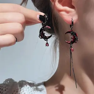 1 Pair Women's Asymmetrical Tassel Earrings - Dark Chic Crescent Moon Dangle Earrings with Chain-like Drop, Lightweight Everyday & Formal Jewelry for Parties, Dates - April Birthstone Gift Idea for Women, Novelty Earrings, Date Night Jewelr