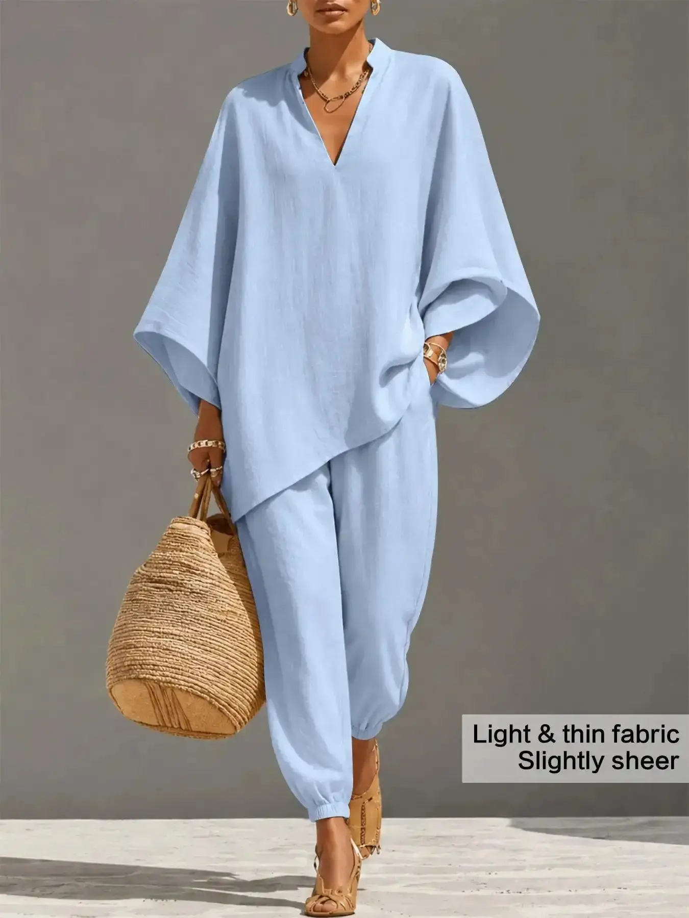 Women's Oversized Linen Look 2 Piece Set, Batwing Long Sleeve Top, Drawstring Pants, Adjustable Comfy Casual Travel Vacation, Stylish & Comfortable, Womenswear athleisure go to sleek flattering