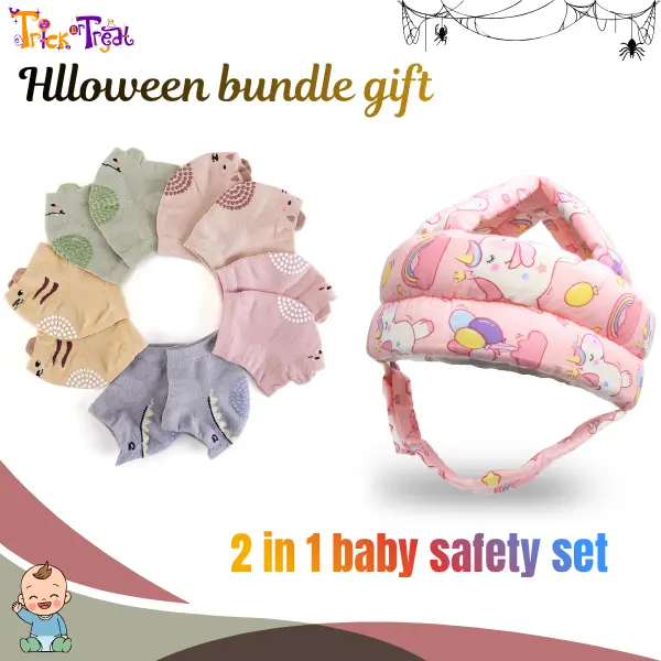 Baby Head Protector & Baby Knee Pads Set for Crawling & Walking, Baby Safety Helmet Backpack, 5 Pairs Anti-Slip Knee Protectors, Baby Essentials for Boys & Girls, Halloween Gift