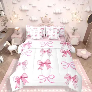 Bow Bedding Sets,Girls Pink Bowknot Comforter Set,7 Piece Bed In A Bag,Kids Teens Women Cute Ribbon Bows Comforter