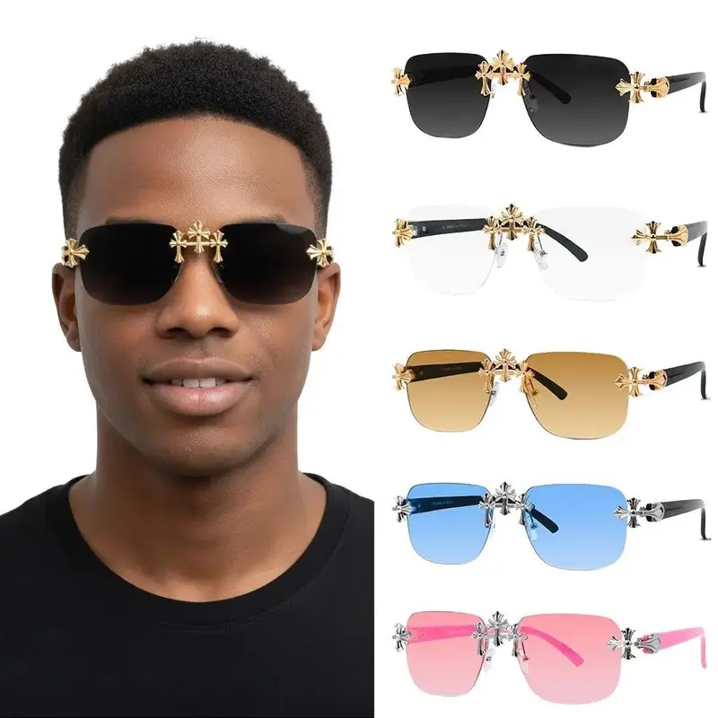 Rimless Bling Sunglasses Gold-Cross Accents Square Wrap Around Moissanite Fleuree Cross Sunglasses 14K Gold main image 2
