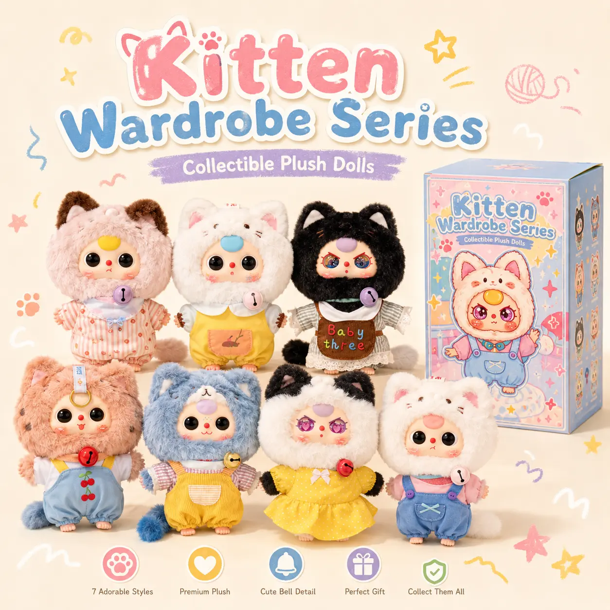 Baby Three Kitty Closet Series Cute Collectible Plush Toy, Kawaii Cat Doll, Dress-Up Style Stuffed Figure for Room Decor and Gifts