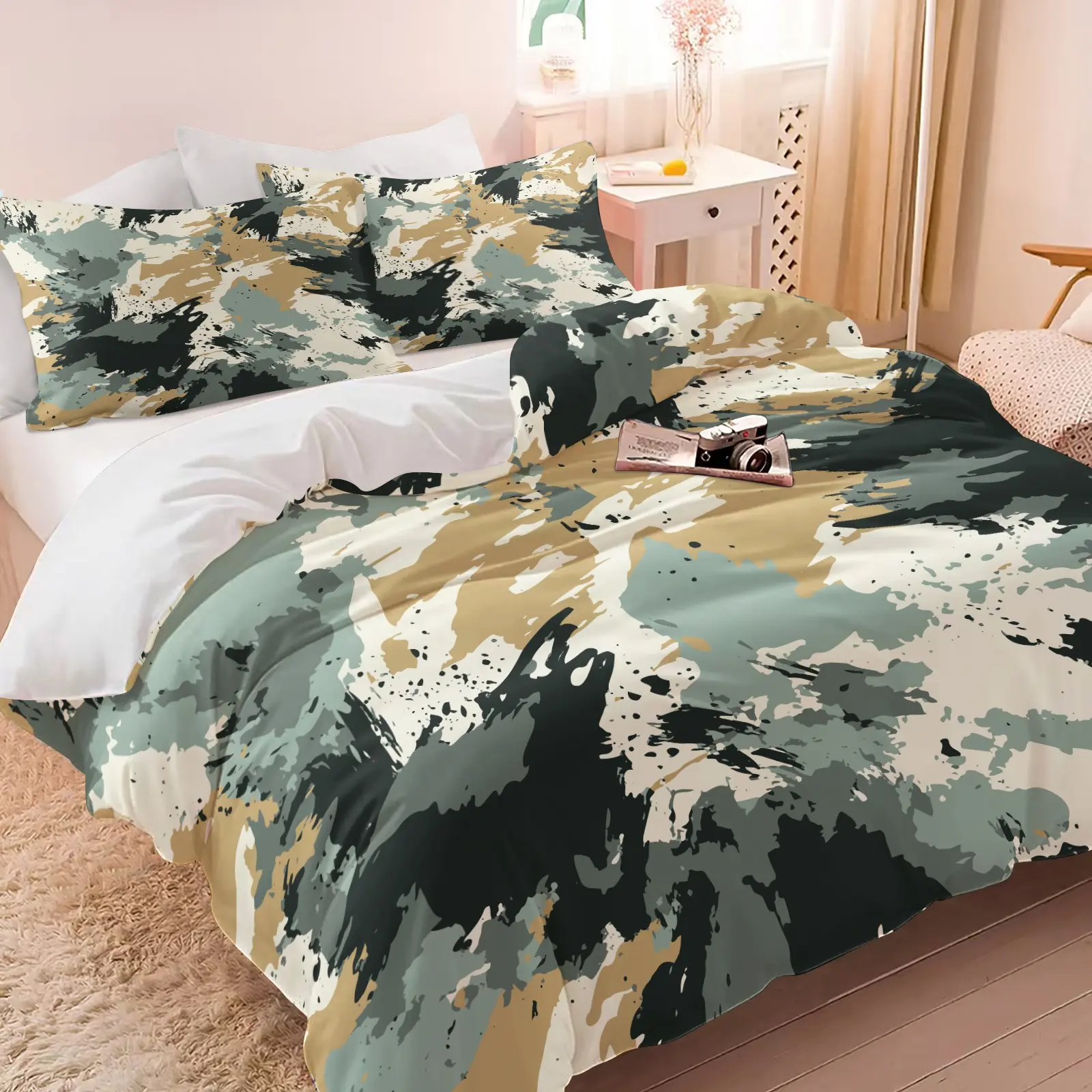 2/3Pcs Abstract Brushstroke Duvet Cover Set, No Filler, Modern Art Comforter Cover, Neutral Abstract Bedding Set, Stylish Aesthetic Printed Bed Set with Pillowcases for Bedroom, All Season, Multiple Sizes