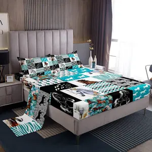 Horse Sheet Set,Western Farmhouse Bed Sheets for Girls,Boho Arrow Teal Zebra Stripe Bedding Sheets for Teens Boys Women,Rose Flower Rustic Cowboy Fitted Sheet & Flat Sheet Black White