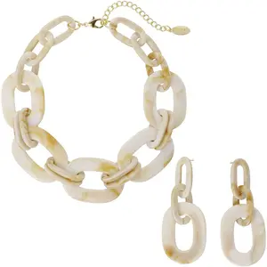 Acrylic Chunky Statement Necklace for Women Cube Link Chain Collar Necklace and Hoop Earrings Costome Jewelry Set